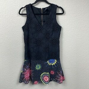 Desigual Eyelet Embroidered Crochet Lace Mini Dress Black Floral Drop Waist
